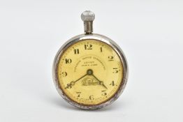 A WHITE METAL POCKET WATCH, round dial signed 'Superior Motor Timekeeper, Lever Swiss Made',