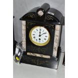 A LATE VICTORIAN BLACK SLATE AND MARBLE MANTEL CLOCK OF ARCHITECTURAL FORM, white enamel dial with