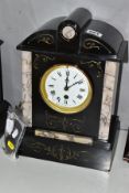 A LATE VICTORIAN BLACK SLATE AND MARBLE MANTEL CLOCK OF ARCHITECTURAL FORM, white enamel dial with