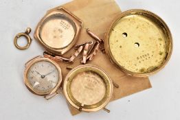 A 9CT GOLD WATCH HEAD AND OTHER 9CT GOLD AND YELLOW METAL ITEMS, an AF watch head, hallmarked 9ct