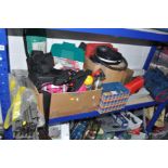 FOUR BOXES AND LOOSE CAMPING AND PICNICING EQUIPMENT, ETC, including a two man tent, picnic rugs,