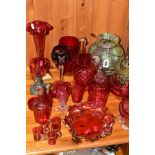 A GROUP OF CRANBERRY GLASS AND OTHER GLASSWARES, twenty one pieces to include a Youngs Duplex oil