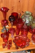 A GROUP OF CRANBERRY GLASS AND OTHER GLASSWARES, twenty one pieces to include a Youngs Duplex oil