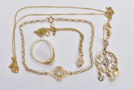 A 9CT GOLD OPAL BRACELET AND RING WITH TWO PENDANTS WITH CHAINS, the fine belcher link bracelet