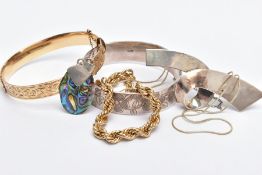 TWO BANGLES, TWO CHAINS AND A BROOCH, a silver hinged bangle with an engraved floral and foliate