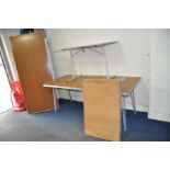 TWO LONG FOLDING TABLES length 183cm x depth 77cm with aluminium frame and walnut effect top, a