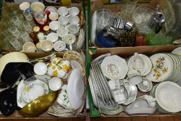 FOUR BOXES OF CERAMICS, GLASS AND METALWARES, to include a twenty piece Colclough Ivy pattern tea