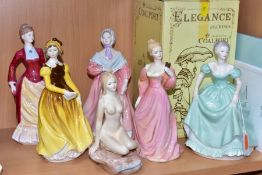 SIX COALPORT FIGURINES AND PAMPHLETS, comprising Ladies of Fashion - Henrietta with box,