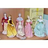 SIX COALPORT FIGURINES AND PAMPHLETS, comprising Ladies of Fashion - Henrietta with box,