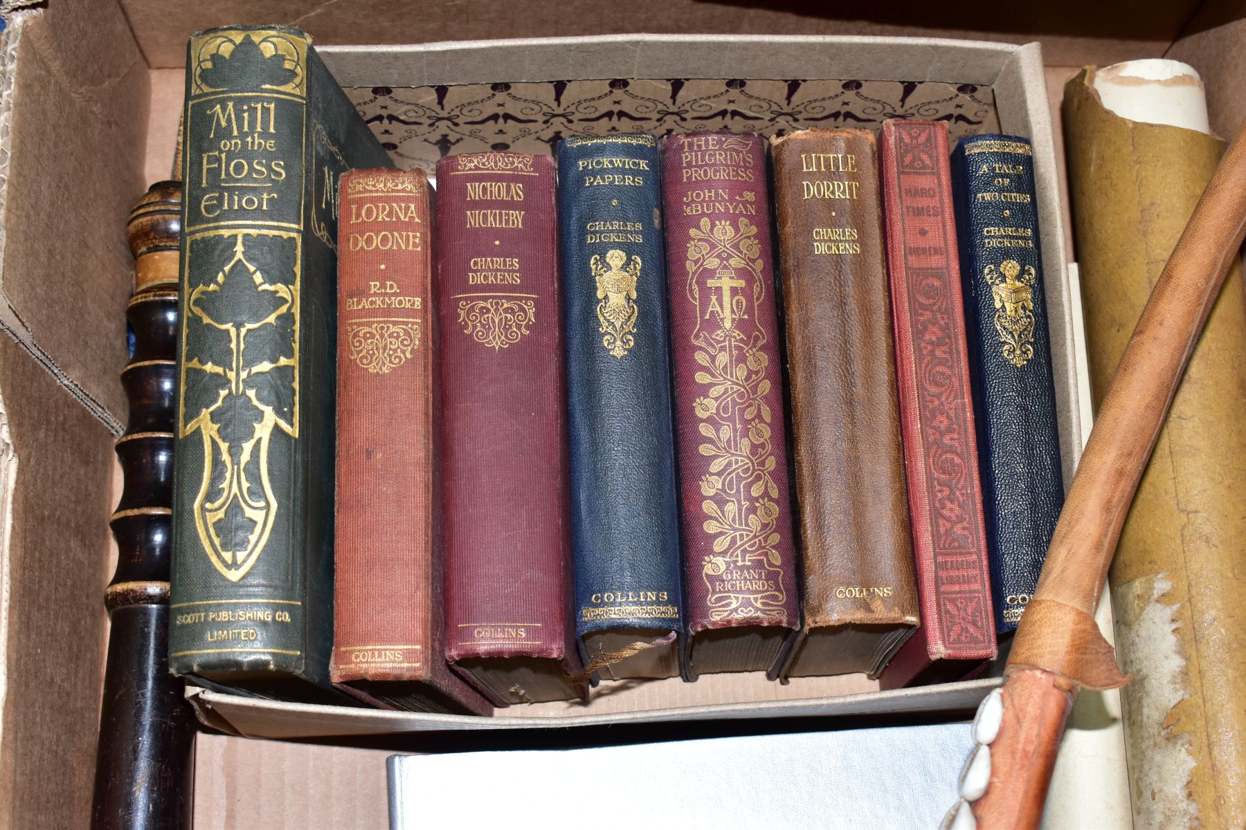 A BOX OF CHARLES DICKENS AND OTHER BOOKS, A TURNED WOODEN TRUNCHEONS, THREE ROLLED ORDER OF - Image 9 of 9