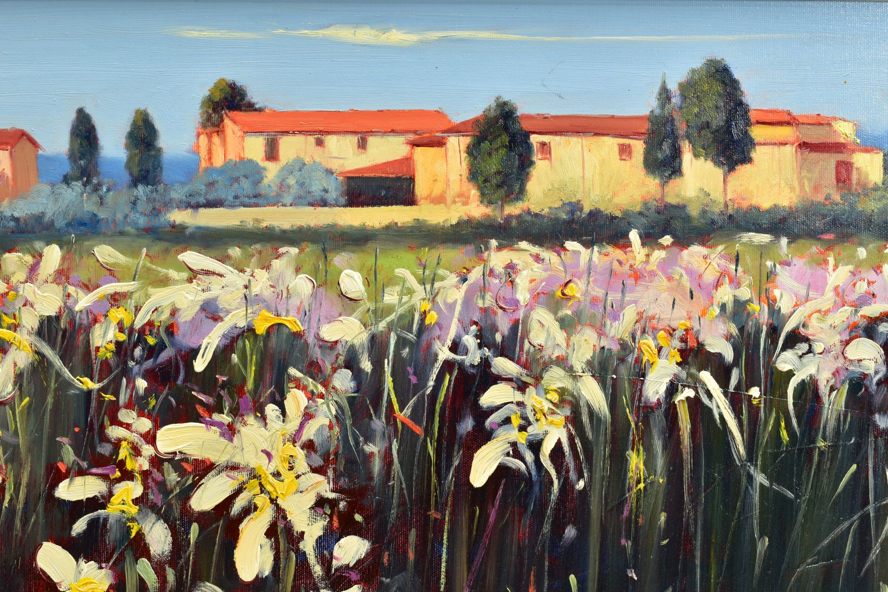BRUNO TINUCCI (ITALY 19470) 'CAMPO BIANCO', an Italian landscape of flowers with buildings beyond, - Image 3 of 8