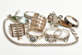 A BAG OF WHITE METAL RINGS, PENDANTS AND A BRACELET, eight white metal rings of various designs