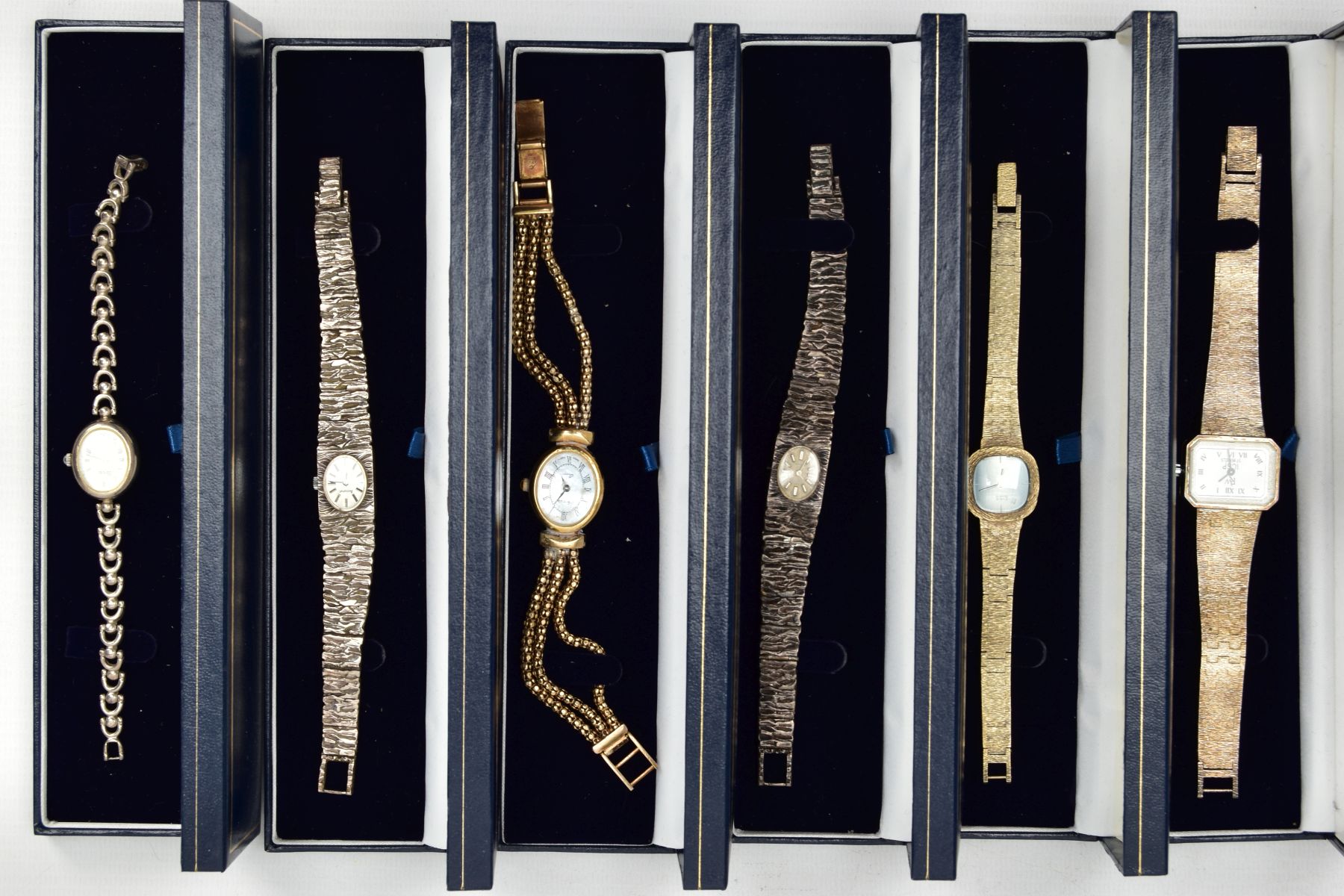 A BOX OF ASSORTED LADY'S SILVER WRISTWATCHES, six wristwatches names to include Accurist,