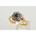 AN 18CT GOLD SAPPHIRE AND DIAMOND RING, a circular cut blue sapphire, approximate width 4mm, prong