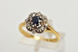 AN 18CT GOLD SAPPHIRE AND DIAMOND RING, a circular cut blue sapphire, approximate width 4mm, prong