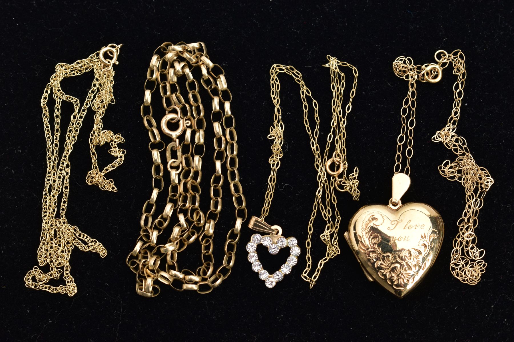 FOUR NECKLACES, the first with a heart shaped locket, engraved floral design with the words 'I - Image 2 of 2