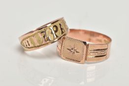 TWO 9CT GOLD RINGS, a rose gold signet ring set with a single old cut diamond in a star setting,
