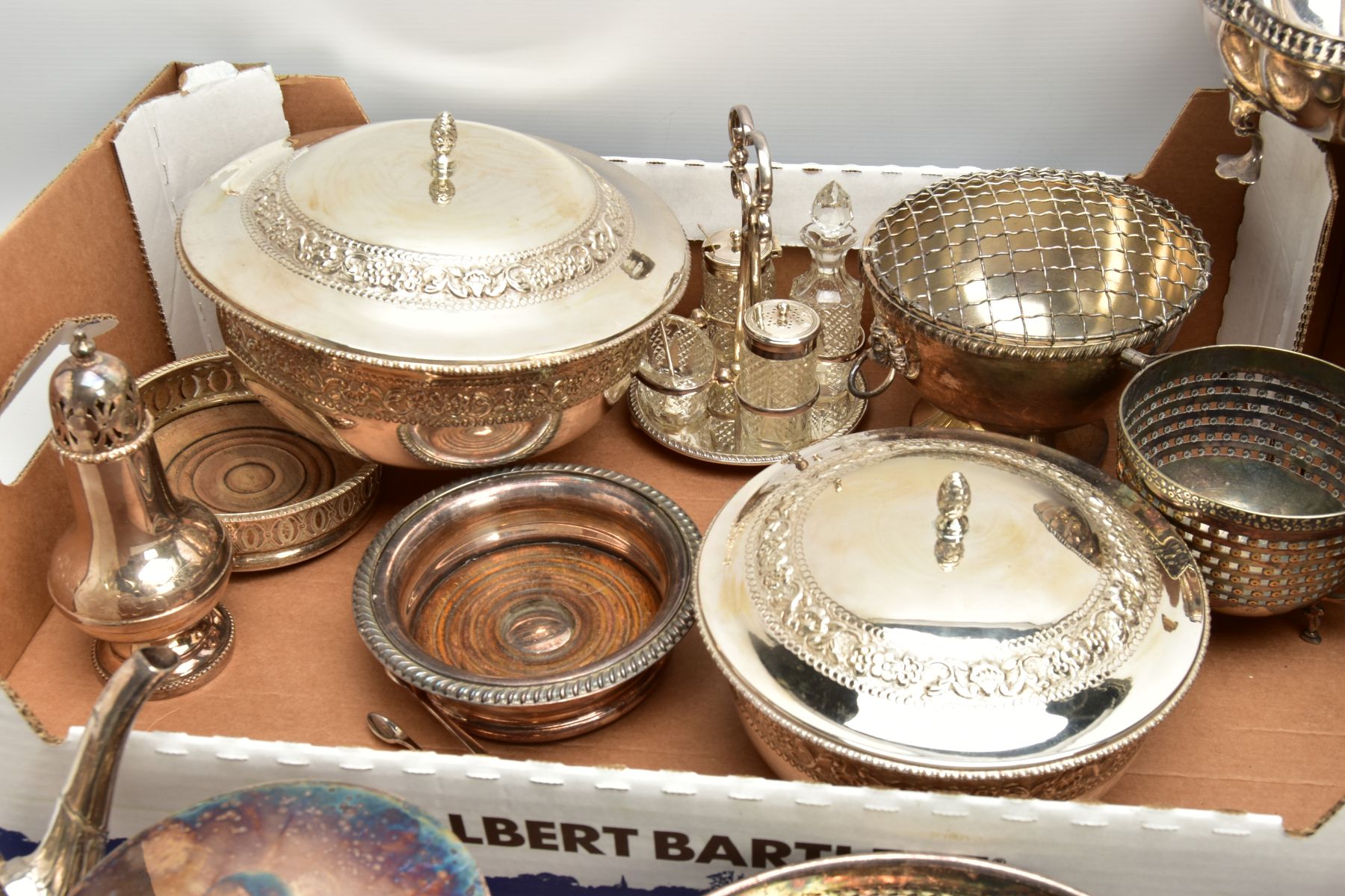 TWO BOXES OF WHITE METAL WARE, to include two circular entree dishes with covers, two oval entree - Image 5 of 7