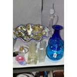 A GROUP OF GLASSWARES, comprising Dartington Crystal blue primrose and aqua daisy bottle vases, aqua