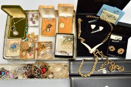 A BOX OF ASSORTED COSTUME JEWELLERY, to include two boxed Monet necklaces, a boxed Monet bracelet