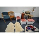 A QUANTITY OF OCCASSIONAL FURNITURE to include two small faux fur rugs, modern silver wall mirror,