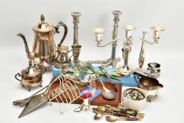 A BOX OF ASSORTED ITEMS, to include a pair of novelty white metal talon feet candlesticks, a