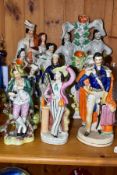 TWELVE STAFFORDSHIRE CERAMIC FIGURES, to include Duchess, 42cm high, King Charles and Cromwell