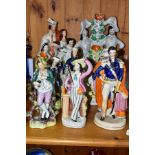 TWELVE STAFFORDSHIRE CERAMIC FIGURES, to include Duchess, 42cm high, King Charles and Cromwell