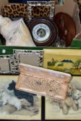 A BOX OF PICTURES, METALWARES, PURSES, JEWELLERY AND SUNDRY ITEMS, comprising two vintage bead