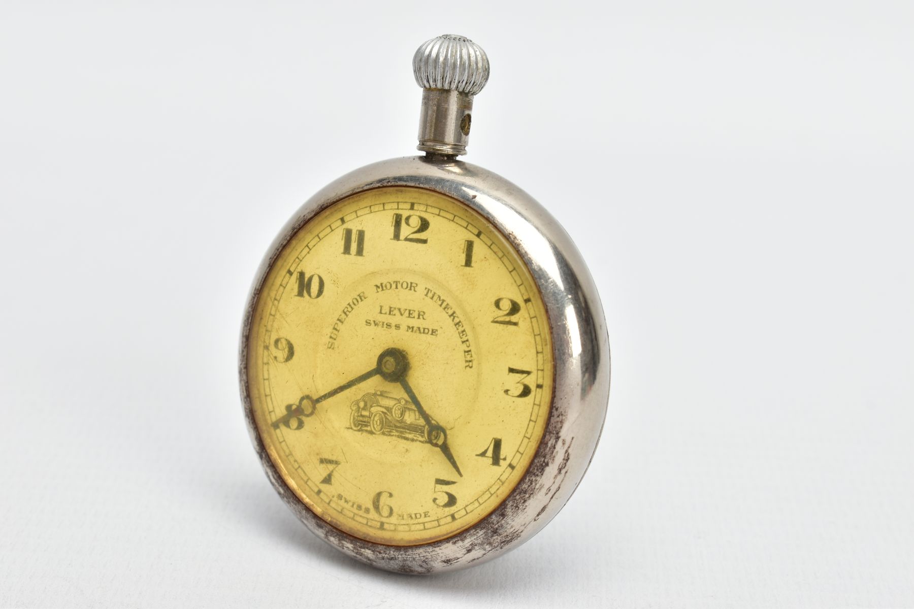 A WHITE METAL POCKET WATCH, round dial signed 'Superior Motor Timekeeper, Lever Swiss Made', - Image 3 of 4