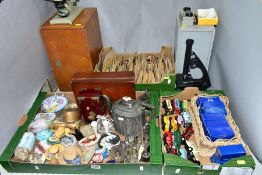 THREE BOXES AND LOOSE MICROSCOPES, DIECAST VEHICLES, METALWARES, BEER MATS AND SUNDRY ITEMS, to