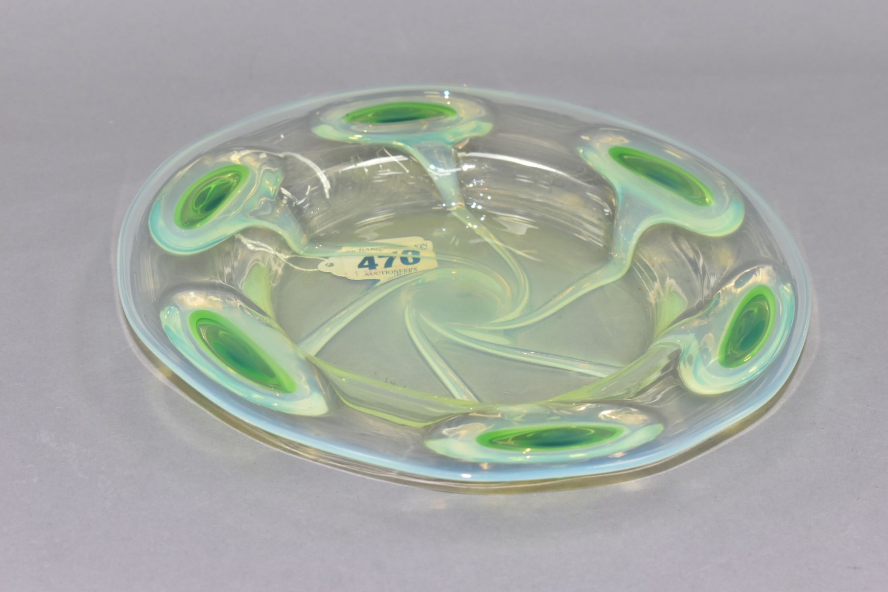 A STUART-STYLE GLASS BOWL, featuring a wide rim with raised uranium glass peacock feather pattern, - Image 2 of 6