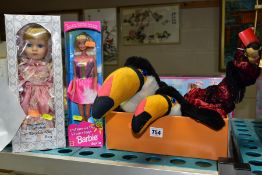 SOFT TOYS AND DOLLS, comprising Guinness 'Big Arthur' and 'Little Arthur' Toucans, boxed Barbie