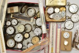 A BOX OF ASSORTED POCKET WATCHES AND WATCH PARTS, to include fifteen pocket watches, seven watch