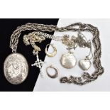 A VICTORIAN SILVER LOCKET WITH OTHER SILVER AND WHITE METAL JEWELLERY, an oval locket engraved