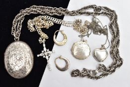 A VICTORIAN SILVER LOCKET WITH OTHER SILVER AND WHITE METAL JEWELLERY, an oval locket engraved