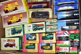 A BOX OF BOXED AND LOOSE CORGI, MATCHBOX AND LLEDO DIECAST VEHICLES, ETC, including two Corgi