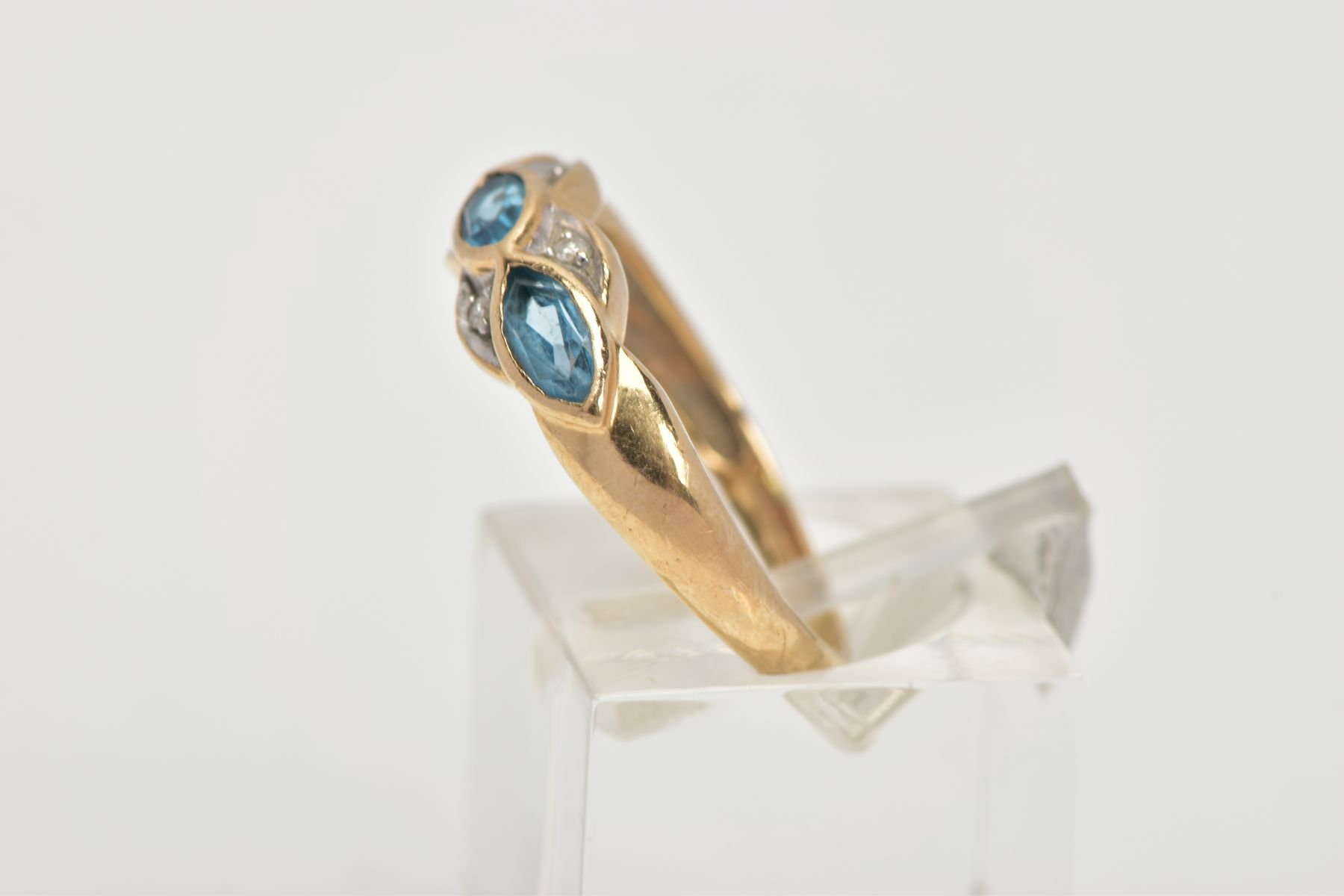 A 9CT GOLD TOPAZ AND DIAMOND RING, half eternity ring set with three marquise cut blue topaz each - Image 2 of 4