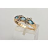 A 9CT GOLD TOPAZ AND DIAMOND RING, half eternity ring set with three marquise cut blue topaz each