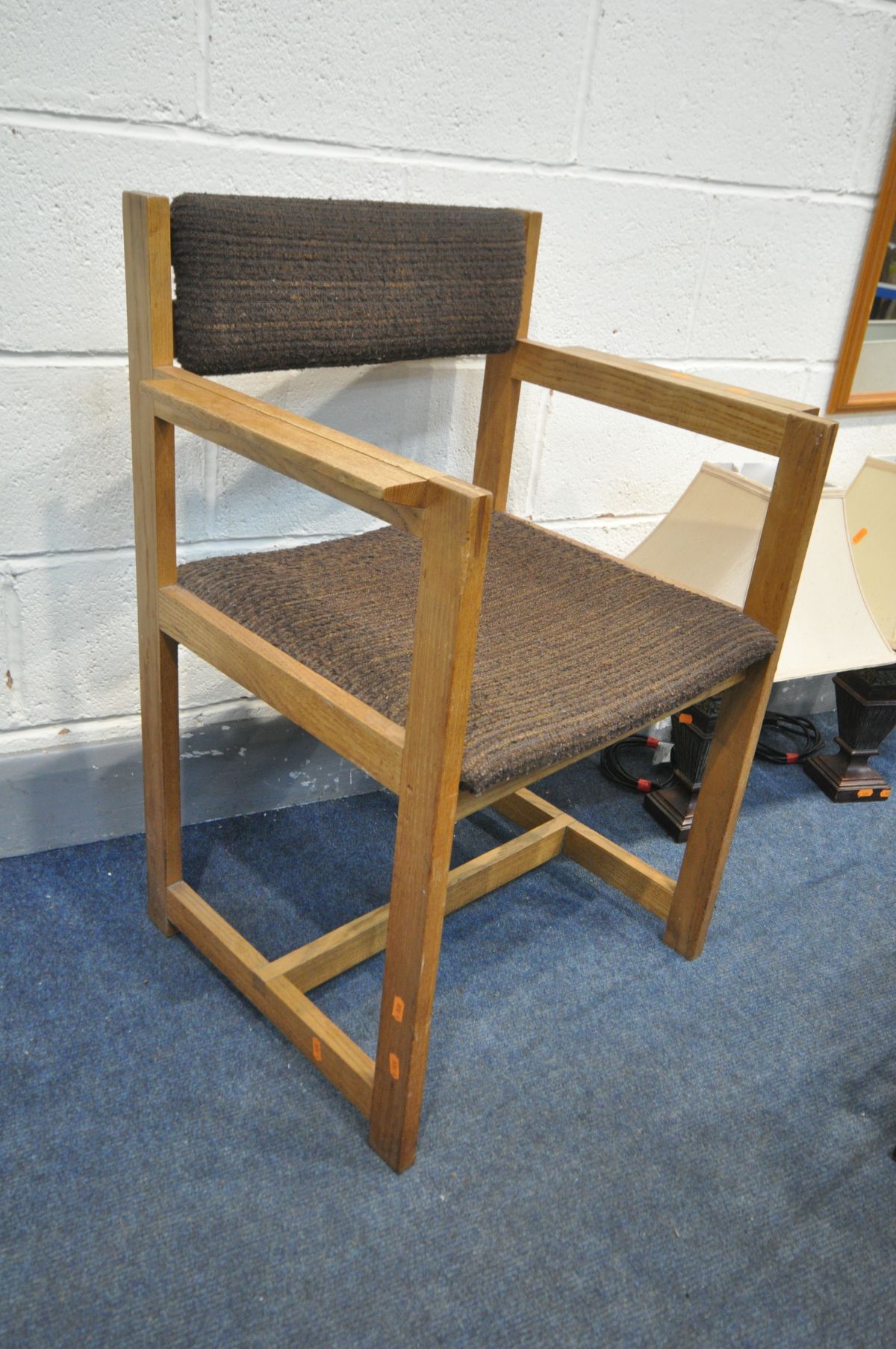 A MID CENTURY OAK CHAIR, with open armrests, pair of table lamps, brass table lamp, all with shades, - Image 3 of 3