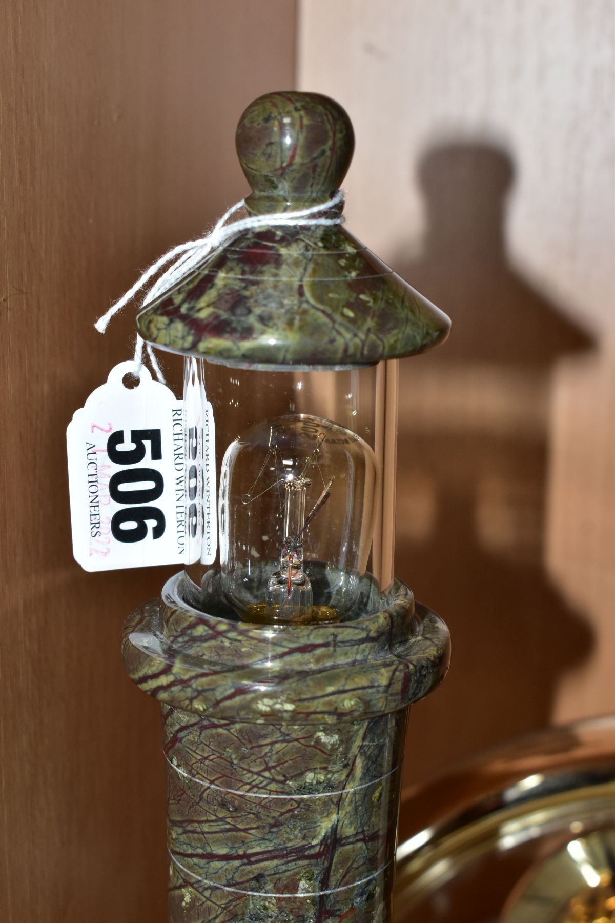 A GRANITE LAMP IN THE FORM OF A LIGHTHOUSE, approximate height 31cm, together with an oak cased - Image 6 of 6