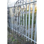 FOUR MODERN WROUGHT IRON GATES, comprising of two dome topped gates, width 74cm height 179cm, one