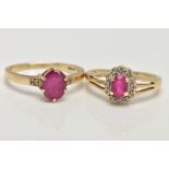 TWO 9CT GOLD GARNET RINGS, the first designed with a six claw set, oval cut ruby (low quality,