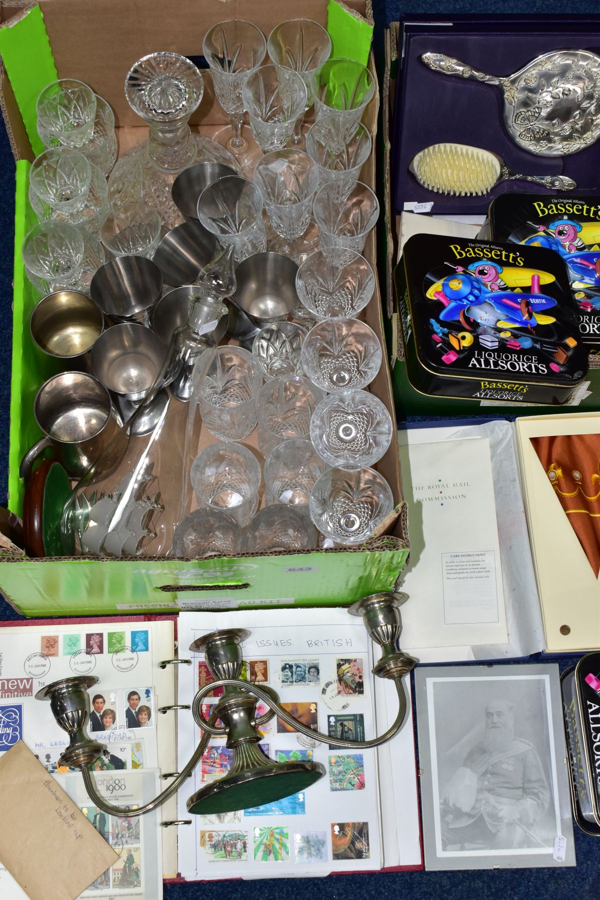 TWO BOXES OF GLASS, METALWARES, STAMPS AND MISCELLANEOUS ITEMS, to include a cut glass decanter,