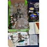 TWO BOXES OF GLASS, METALWARES, STAMPS AND MISCELLANEOUS ITEMS, to include a cut glass decanter,