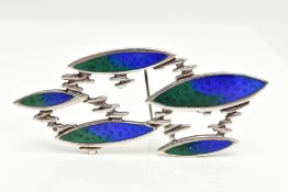 A 'DAVID LAWRENCE' SILVER ENAMEL BROOCH, arts and crafts style brooch featuring five navette