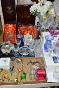A COLLECTION OF CUT GLASS AND ORNAMENTAL GLASS ETC, to include a boxed Webb Corbet decanter and a