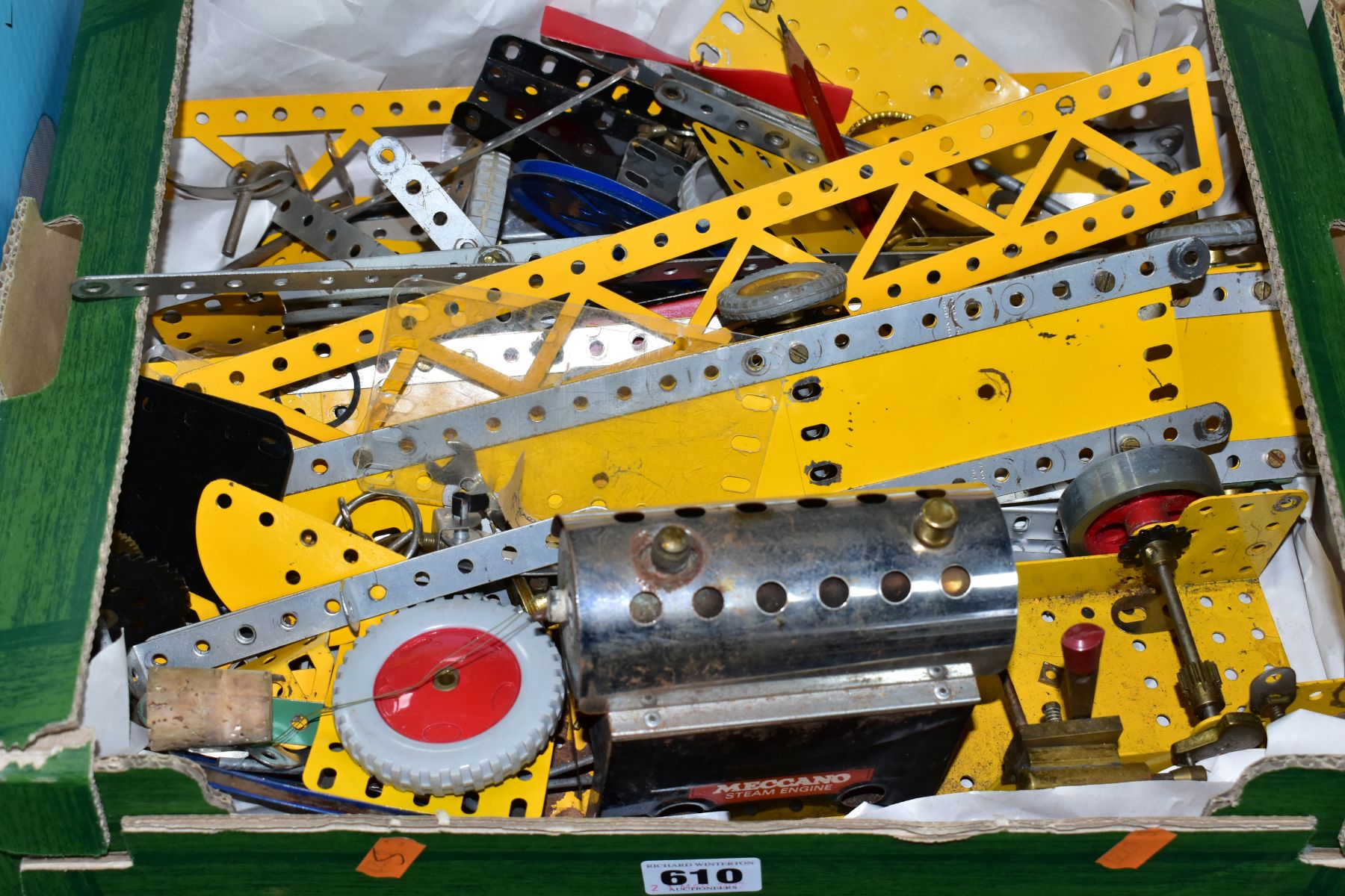 TWO BOXES OF MECCANO AND TOYS, to include a box of assorted Meccano parts, steam engine parts, - Image 2 of 4
