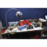 A COLLECTION OF POWER TOOLS AND HOUSEHOLD ELECTRICALS including a chromed standard lamp, a vintage