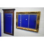 A FRENCH GILT FRAMED BEVELLED EDGE WALL MIRROR, 87cm x 67cm, and a mahogany bevelled edge overmantel